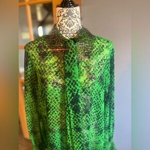 NWT Green Python sheer blouse with bedazzled collar by Dahlia, size 46